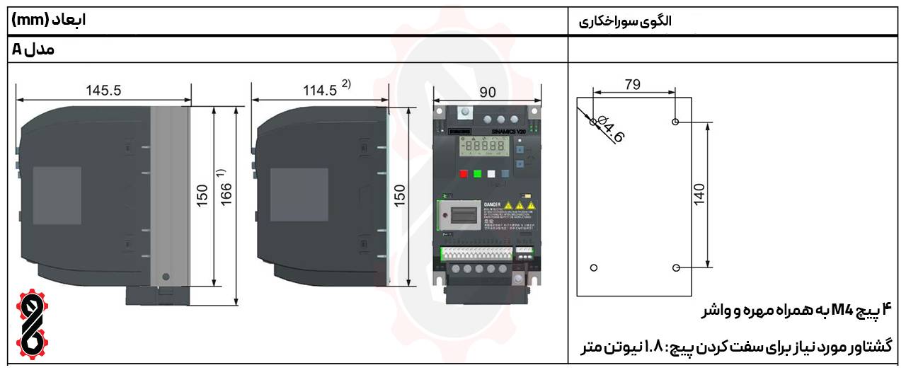 ابعاد سوراخ‌کاری نصب درایو روی سینی تابلو برق