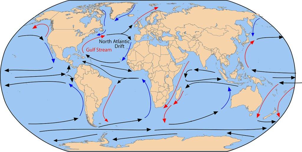 مسیر جریان‌های تلوریک در اقیانوس‌ها و دریاها