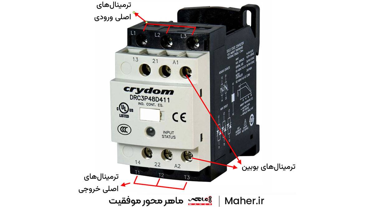 محل ترمینال‌های اصلی و ترمینال‌های بوبین کنتاکتور