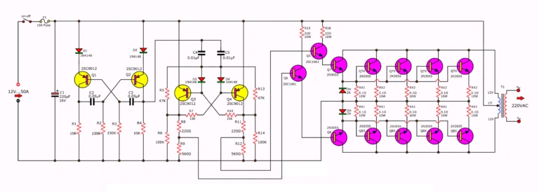 نمونه‌ای از مدار اینورتر ۵۰۰ وات با ترانزیستورهای 2N3055
